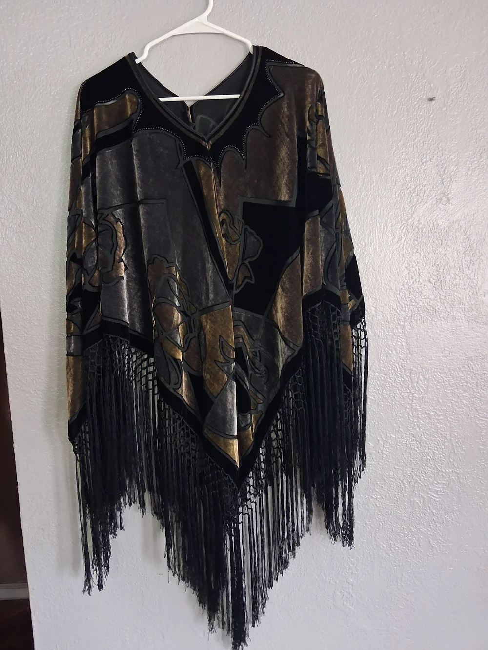 Vintage Black and Bronze Velvet Butnout Gypsey Festival Fringe Poncho  OS